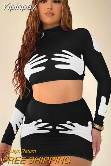 Yipinpay 3D Printed Palm Cropped Long-sleeved Top+Skirt 2 Piece Set Fall Outfits Women Street Fashion Casual Conjuntos De Vestidos